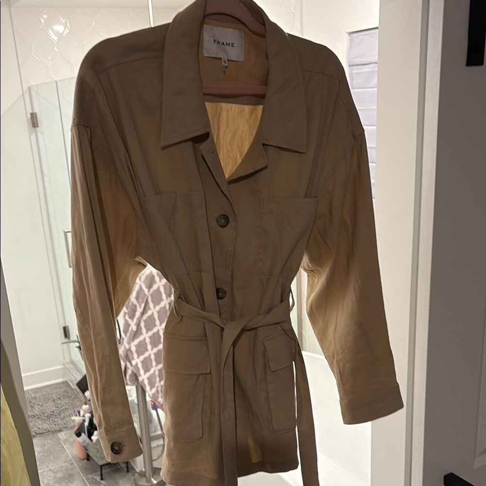 Frame Denim Tan Trench Coat with Structured Shoulders